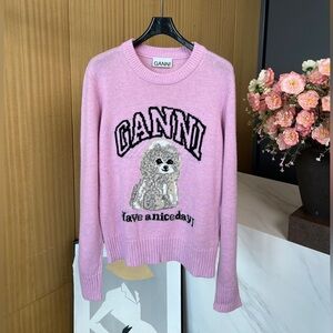 Ganni Light Pink Sweater with Poodle Graphic